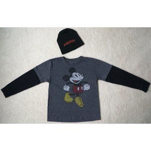 Boys Disney Charcoal/Black Distress Long Sleeve Mickey T-Shirt + Hat M Medium 8